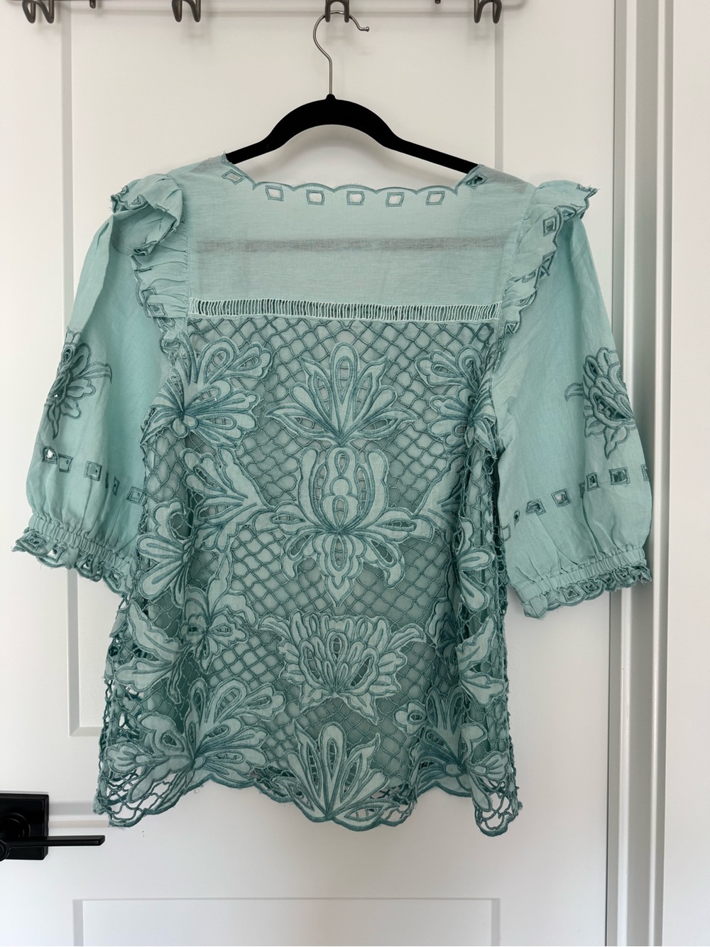 NWT Sundance Crochet Lace Puff Sleeve Linen Cotton Blouse Top Blue Size M - Picture 4 of 12